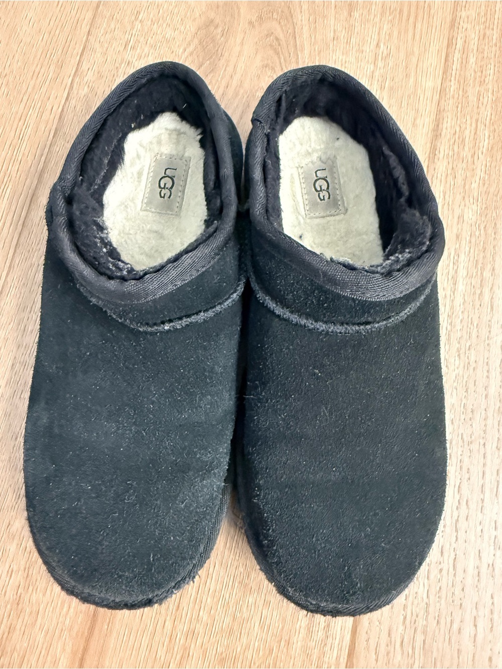 UGG Black Suede Shearling Clog Slippers